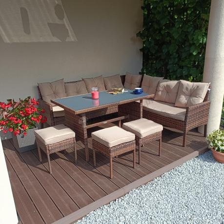Brązowy narożnik ogrodowy 190x190cm i pufy Torino Corner XL - Carmel