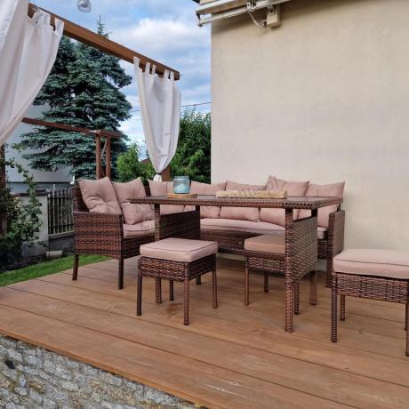 Brązowy narożnik ogrodowy z wysokim stołem 120cm i 3 pufami Torino Corner