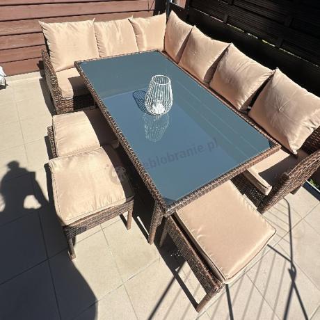 Brązowy narożnik ogrodowy z wysokim stołem 120cm i 3 pufami Torino Corner