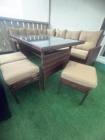 Brązowy narożnik ogrodowy z wysokim stołem 120cm i 3 pufami Torino Corner