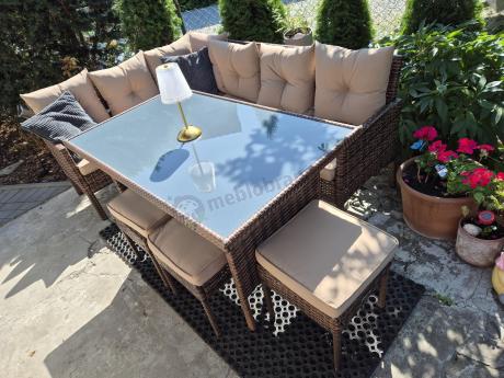Brązowy narożnik ogrodowy z wysokim stołem 120cm i 3 pufami Torino Corner