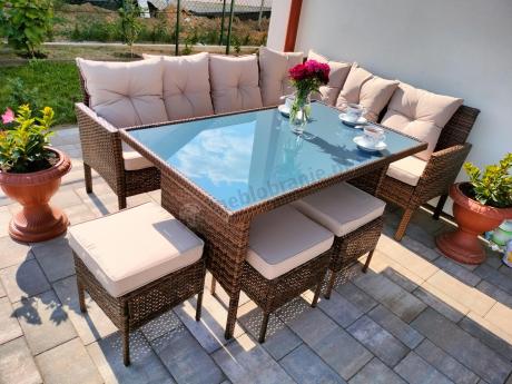 Brązowy narożnik ogrodowy z wysokim stołem 120cm i 3 pufami Torino Corner