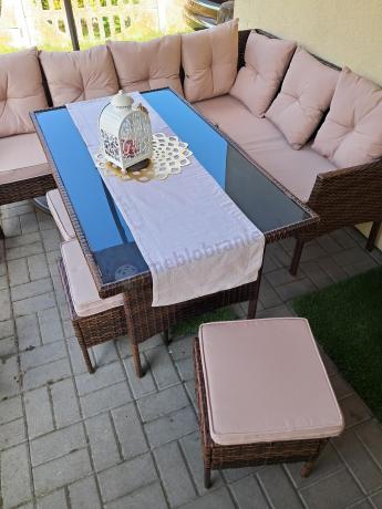 Brązowy narożnik ogrodowy z wysokim stołem 120cm i 3 pufami Torino Corner