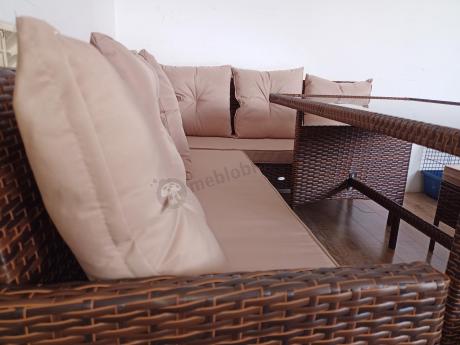 Brązowy narożnik ogrodowy z wysokim stołem 120cm i 3 pufami Torino Corner