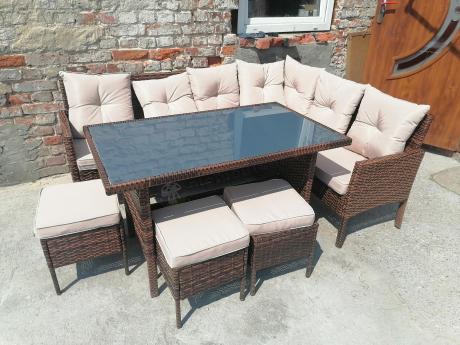 Brązowy narożnik ogrodowy z wysokim stołem 120cm i 3 pufami Torino Corner