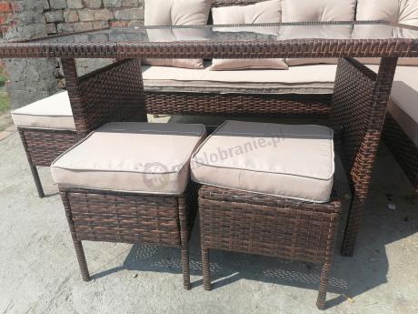 Brązowy narożnik ogrodowy z wysokim stołem 120cm i 3 pufami Torino Corner