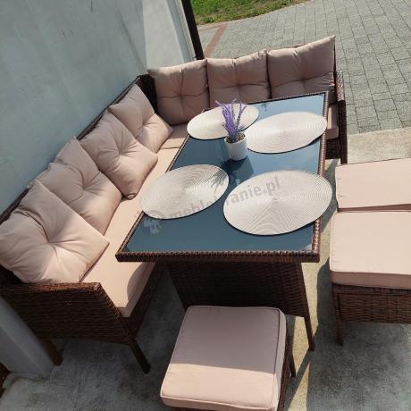 Brązowy narożnik ogrodowy z wysokim stołem 120cm i 3 pufami Torino Corner