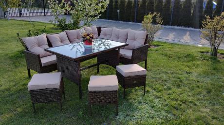 Brązowy narożnik ogrodowy z wysokim stołem 120cm i 3 pufami Torino Corner