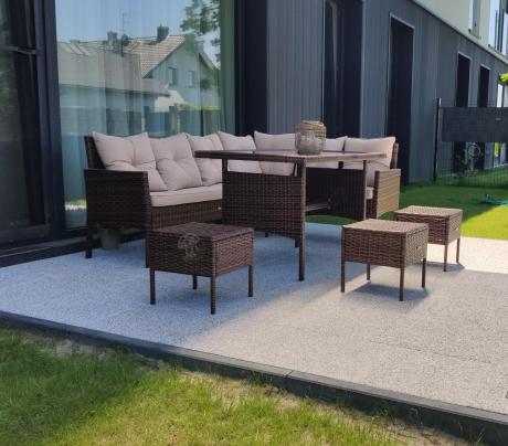 Brązowy narożnik ogrodowy z wysokim stołem 120cm i 3 pufami Torino Corner