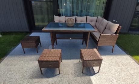 Brązowy narożnik ogrodowy z wysokim stołem 120cm i 3 pufami Torino Corner