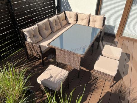 Brązowy narożnik ogrodowy z wysokim stołem 120cm i 3 pufami Torino Corner