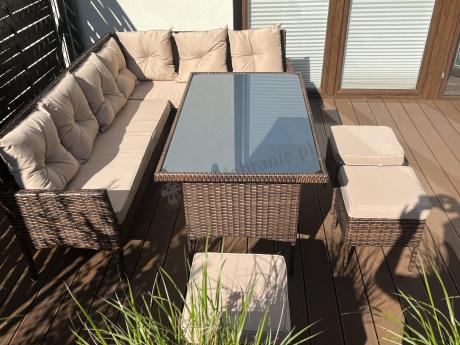 Brązowy narożnik ogrodowy z wysokim stołem 120cm i 3 pufami Torino Corner