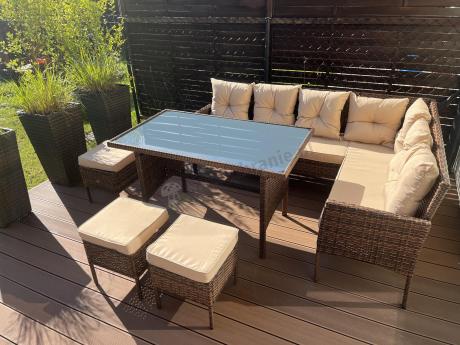 Brązowy narożnik ogrodowy z wysokim stołem 120cm i 3 pufami Torino Corner