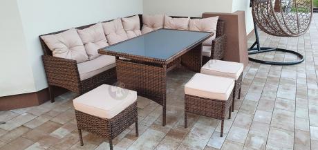 Brązowy narożnik ogrodowy z wysokim stołem 120cm i 3 pufami Torino Corner