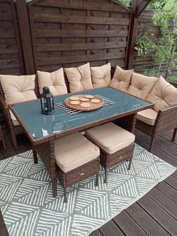 Brązowy narożnik ogrodowy z wysokim stołem 120cm i 3 pufami Torino Corner
