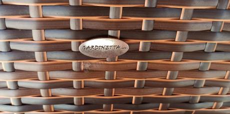 Brązowy narożnik ogrodowy z wysokim stołem 120cm i 3 pufami Torino Corner