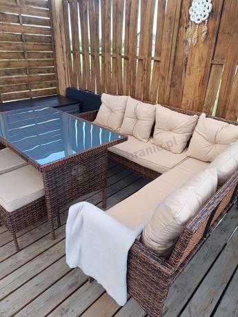 Brązowy narożnik ogrodowy z wysokim stołem 120cm i 3 pufami Torino Corner