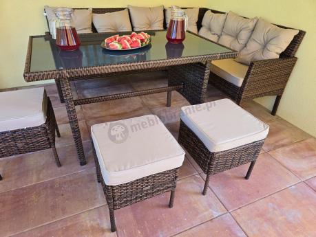 Brązowy narożnik ogrodowy z wysokim stołem 120cm i 3 pufami Torino Corner