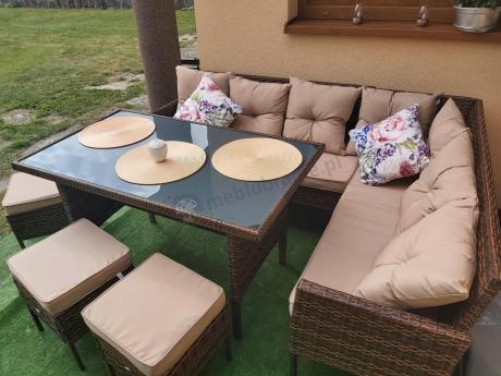 Brązowy narożnik ogrodowy z wysokim stołem 120cm i 3 pufami Torino Corner