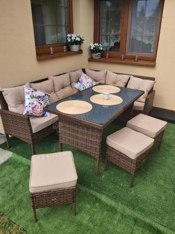 Brązowy narożnik ogrodowy z wysokim stołem 120cm i 3 pufami Torino Corner