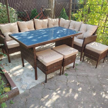 Brązowy narożnik ogrodowy z wysokim stołem 120cm i 3 pufami Torino Corner