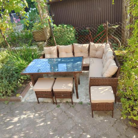 Brązowy narożnik ogrodowy z wysokim stołem 120cm i 3 pufami Torino Corner