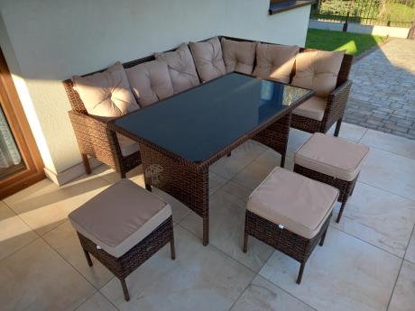 Brązowy narożnik ogrodowy z wysokim stołem 120cm i 3 pufami Torino Corner