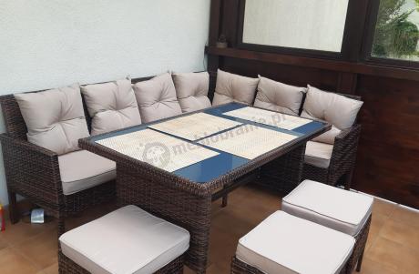 Brązowy narożnik ogrodowy z wysokim stołem 120cm i 3 pufami Torino Corner