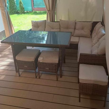 Brązowy narożnik ogrodowy z wysokim stołem 120cm i 3 pufami Torino Corner