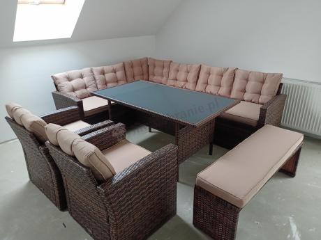 Brązowy narożnik technorattanowy z fotelem i ławką