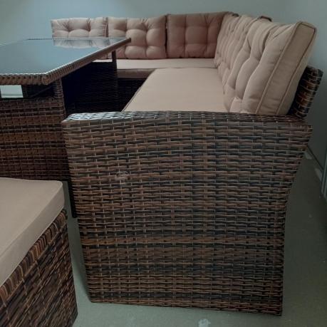 Brązowy narożnik technorattanowy z fotelem i ławką