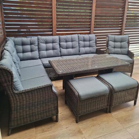 Brązowy narożnik z technorattanu Laritto 251x195cm z wysokim stołem i fotelem - Dark Brown