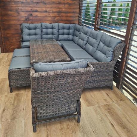Brązowy narożnik z technorattanu Laritto 251x195cm z wysokim stołem i fotelem - Dark Brown