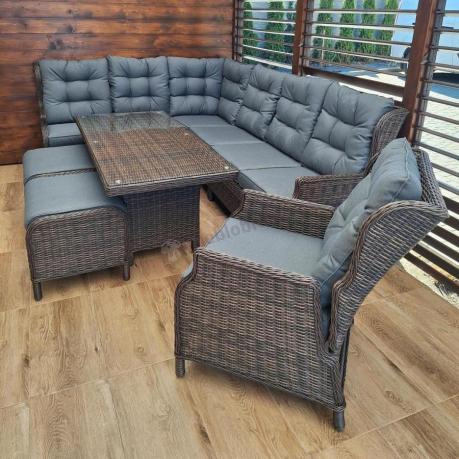 Brązowy narożnik z technorattanu Laritto 251x195cm z wysokim stołem i fotelem - Dark Brown