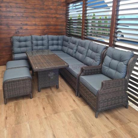 Brązowy narożnik z technorattanu Laritto 251x195cm z wysokim stołem i fotelem - Dark Brown