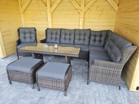 Brązowy narożnik z technorattanu Laritto 251x195cm z wysokim stołem i fotelem - Dark Brown