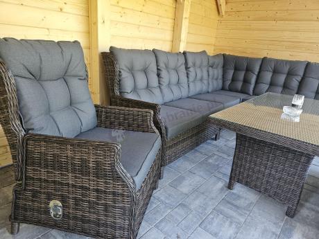 Brązowy narożnik z technorattanu Laritto 251x195cm z wysokim stołem i fotelem - Dark Brown