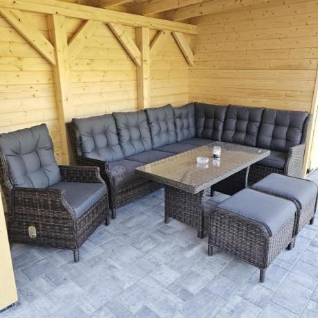 Brązowy narożnik z technorattanu Laritto 251x195cm z wysokim stołem i fotelem - Dark Brown