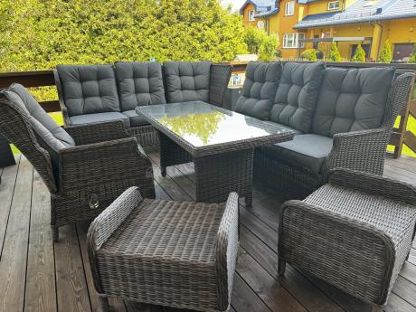 Brązowy narożnik z technorattanu Laritto 251x195cm z wysokim stołem i fotelem - Dark Brown