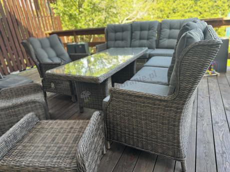 Brązowy narożnik z technorattanu Laritto 251x195cm z wysokim stołem i fotelem - Dark Brown