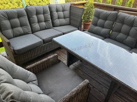 Brązowy narożnik z technorattanu Laritto 251x195cm z wysokim stołem i fotelem - Dark Brown