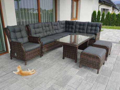 Brązowy narożnik z technorattanu Laritto 251x195cm z wysokim stołem i fotelem - Dark Brown