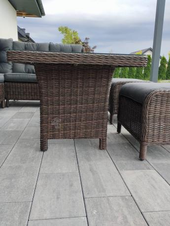 Brązowy narożnik z technorattanu Laritto 251x195cm z wysokim stołem i fotelem - Dark Brown