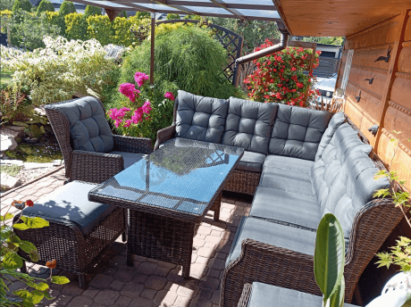 Brązowy narożnik z technorattanu Laritto 251x195cm z wysokim stołem i fotelem - Dark Brown