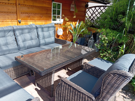 Brązowy narożnik z technorattanu Laritto 251x195cm z wysokim stołem i fotelem - Dark Brown