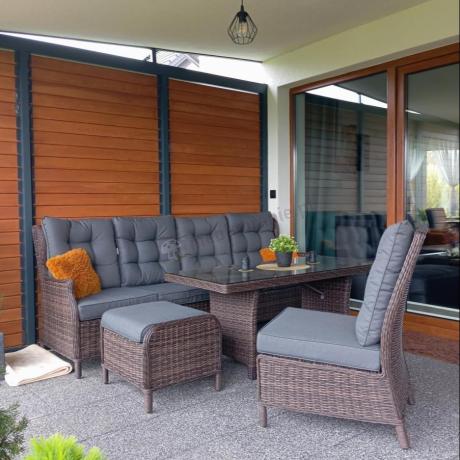 Brązowy narożnik z technorattanu Laritto 251x195cm z wysokim stołem i fotelem - Dark Brown