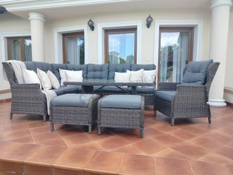 Brązowy narożnik z technorattanu Laritto 251x195cm z wysokim stołem i fotelem - Dark Brown