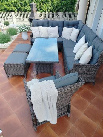 Brązowy narożnik z technorattanu Laritto 251x195cm z wysokim stołem i fotelem - Dark Brown