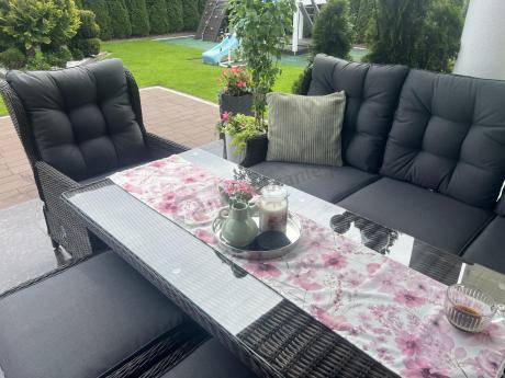 Brązowy narożnik z technorattanu Laritto 251x195cm z wysokim stołem i fotelem - Dark Brown