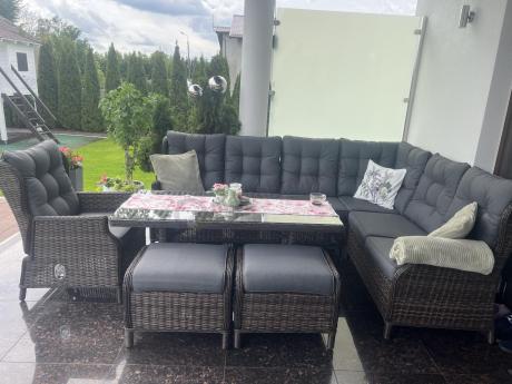 Brązowy narożnik z technorattanu Laritto 251x195cm z wysokim stołem i fotelem - Dark Brown